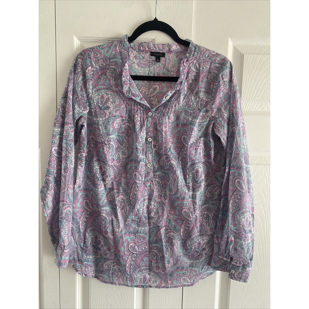 Talbots Ruffle Paisley Blouse Womens Size S Purple Pink Cotton Pintuck Top